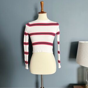 Kendall & Kylie striped stretchy ribbed crop sweater white red blue size small